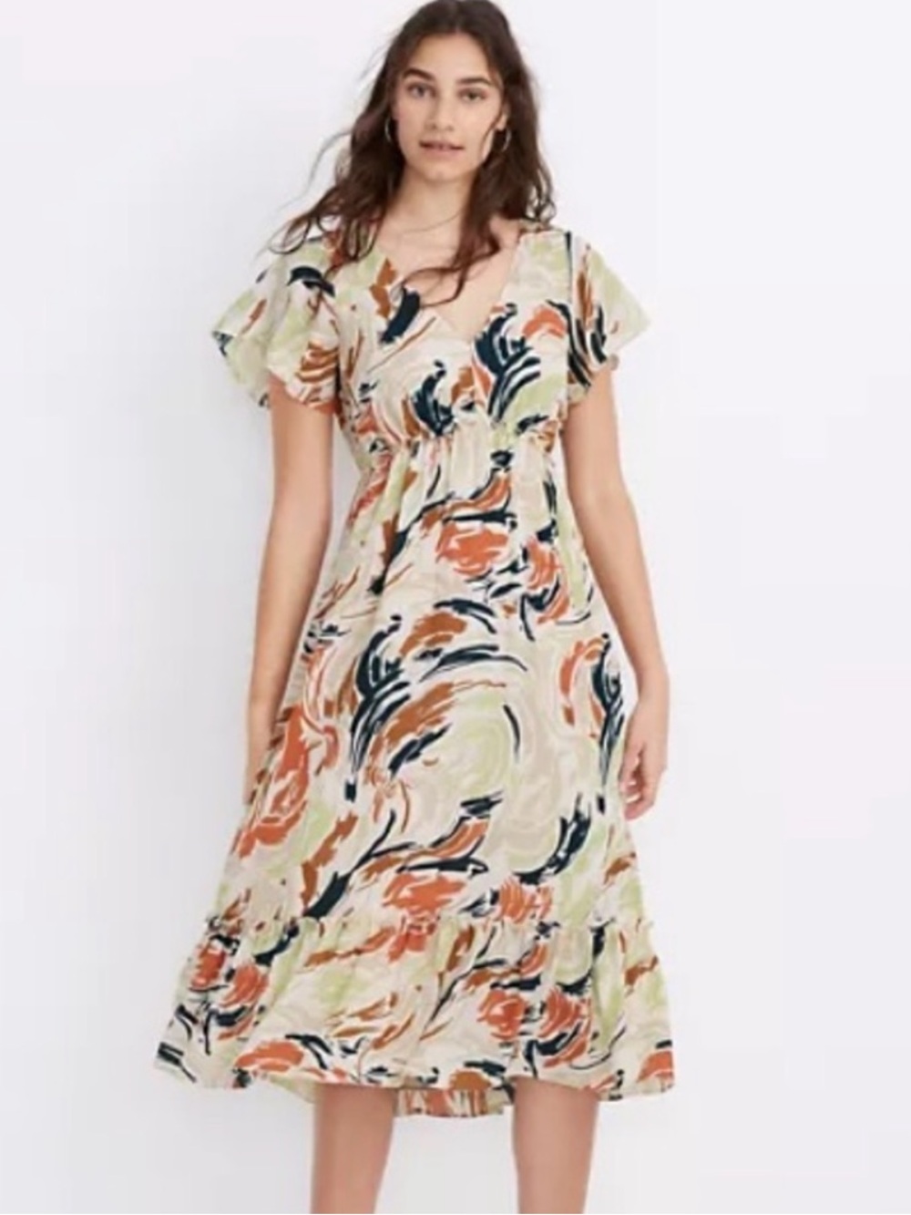 Madewell Flutter Sleeve Ruffle Waist Midi Dress Brushstroke Print Size 4